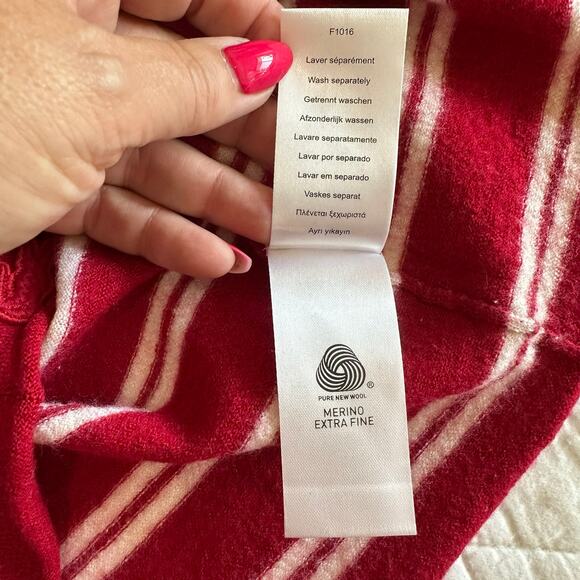 Lacoste Women's Long Sleeve V-neck Striped Sweater Merino Wool Red Cream Size M - Picture 9 of 12